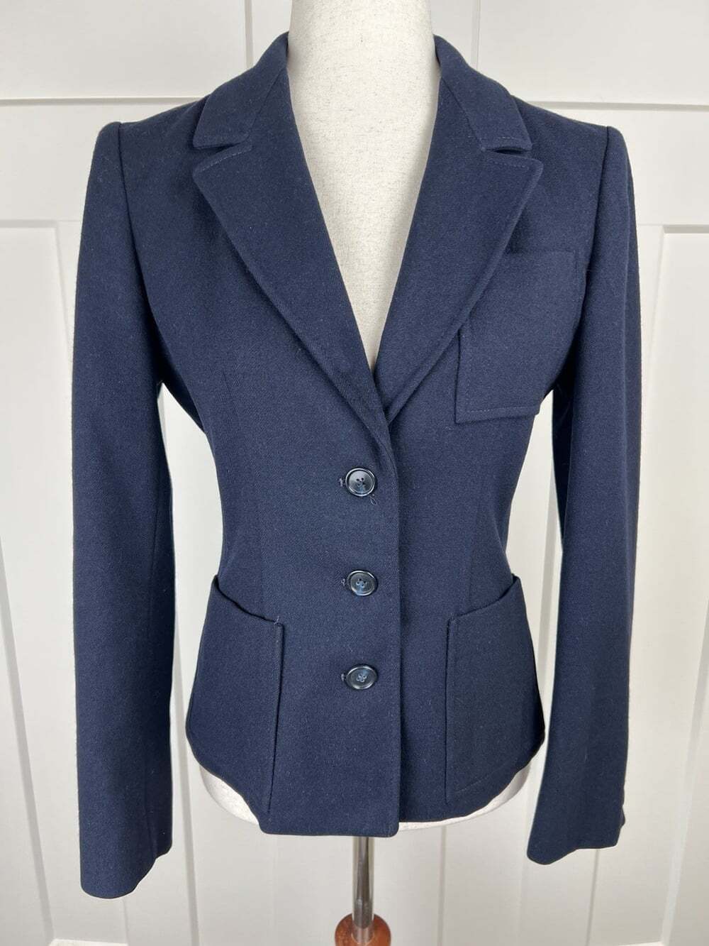 Vintage Anne Klein Pure Wool Blazer Women’s 6 Navy Tailored Belted Back